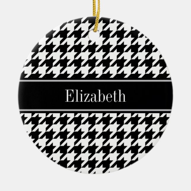 Black Wht Houndstooth Black Name Monogram Ceramic Tree Decoration (Front)