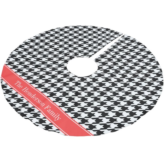 Black Wht Houndstooth Coral Red Name Monogram Brushed Polyester Tree Skirt (Angled)