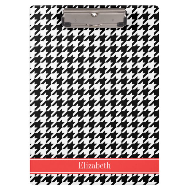 Black Wht Houndstooth Coral Red Name Monogram Clipboard (Front)