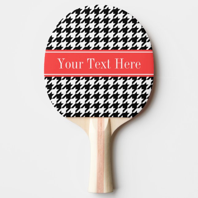 Black Wht Houndstooth Coral Red Name Monogram Ping Pong Paddle (Front)