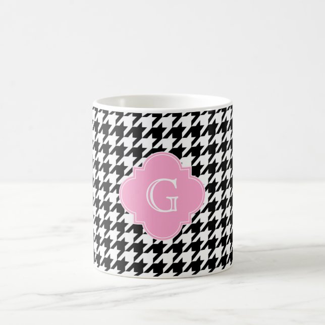 Black Wht Houndstooth Pink Quatrefoil Monogram Coffee Mug (Center)