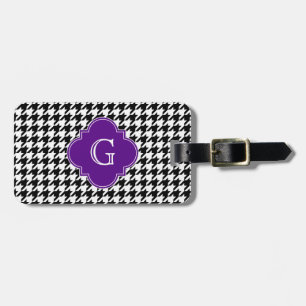 Black Wht Houndstooth Purple Quatrefoil Monogram Luggage Tag