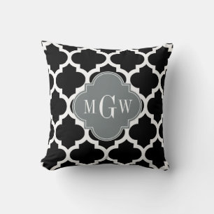 Black Wht Moroccan #5 Charcoal 3 Initial Monogram Cushion