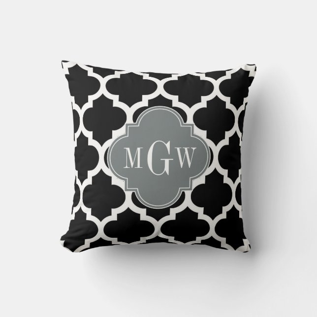 Black Wht Moroccan #5 Charcoal 3 Initial Monogram Cushion (Front)