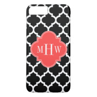 Black Wht Moroccan #5 Coral Red 3 Initial Monogram
