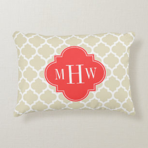Black Wht Moroccan #5 Coral Red 3 Initial Monogram Decorative Cushion