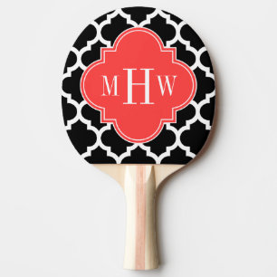 Black Wht Moroccan #5 Coral Red 3 Initial Monogram Ping Pong Paddle