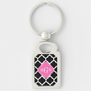 Black Wht Moroccan #5 Hot Pink #2 Name Monogram Key Ring