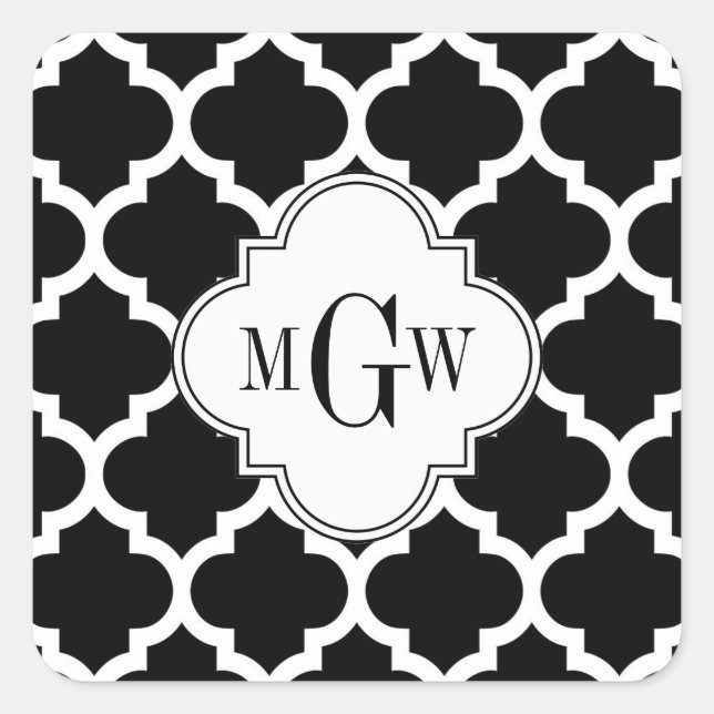 Black Wht Moroccan #5 White 3 Initial Monogram Square Sticker (Front)