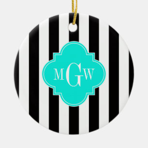 Black Wht Stripe Bright Aqua Quatrefoil 3 Monogram Ceramic Tree Decoration