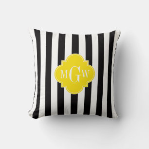 Black Wht Stripe Brt Yellow Quatrefoil 3 Monogram Cushion