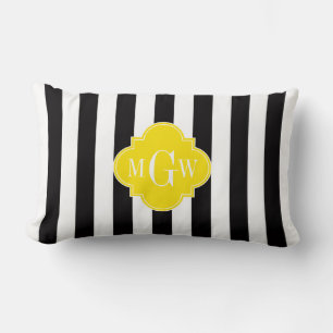 Black Wht Stripe Brt Yellow Quatrefoil 3 Monogram Lumbar Cushion
