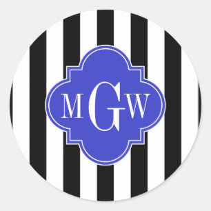 Black Wht Stripe Cobalt Blue Quatrefoil 3 Monogram Classic Round Sticker