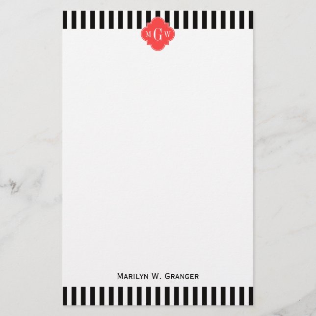 Black Wht Stripe Coral Red Quatrefoil 3 Monogram Stationery (Front)