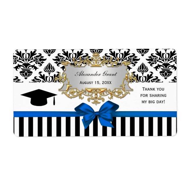 Black Wht Stripe Damask Blue Water Label Grad (Front)
