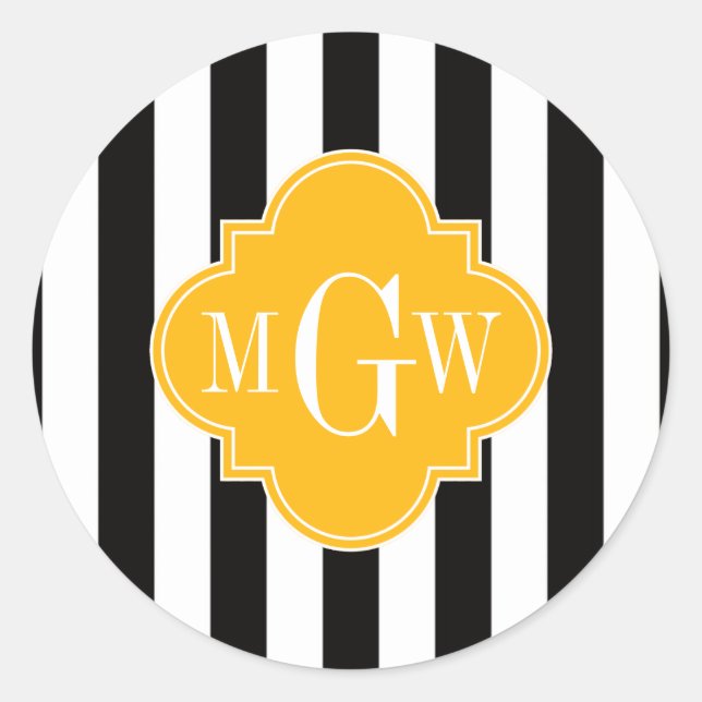 Black Wht Stripe Goldenrod Quatrefoil 3 Monogram Classic Round Sticker (Front)