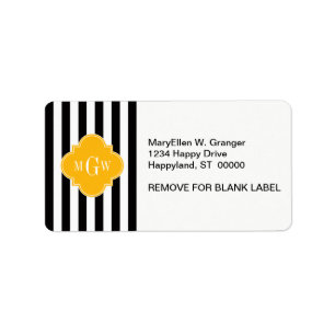 Black Wht Stripe Goldenrod Quatrefoil 3 Monogram Label