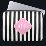Black Wht Stripe Pink Quatrefoil 3 Monogram Laptop Sleeve<br><div class="desc">Black and White Stripe Pattern, Pink Quatrefoil 3 Initial Monogram A stylish, modern, chic striped pattern in black and white. Customise the quatrefoil label with a three initial monogram or change the design to add your name or other text. You can also change the font, adjust font sizes and font...</div>