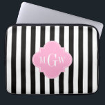 Black Wht Stripe Pink Quatrefoil 3 Monogram Laptop Sleeve<br><div class="desc">Black and White Stripe Pattern, Pink Quatrefoil 3 Initial Monogram A stylish, modern, chic striped pattern in black and white. Customise the quatrefoil label with a three initial monogram or change the design to add your name or other text. You can also change the font, adjust font sizes and font...</div>