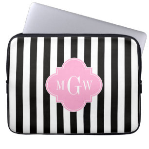 Black Wht Stripe Pink Quatrefoil 3 Monogram Laptop Sleeve