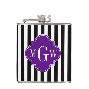 Black Wht Stripe Purple Quatrefoil 3 Monogram Hip Flask
