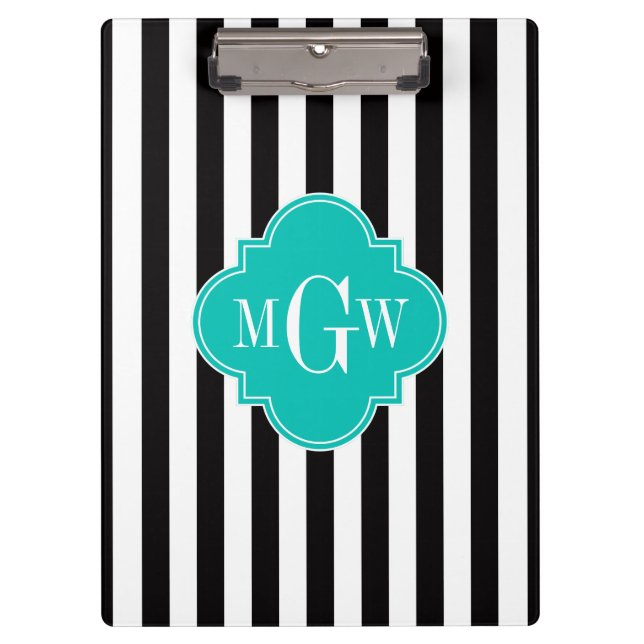 Black Wht Stripe Teal Quatrefoil 3 Monogram Clipboard (Front)