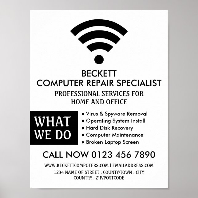 Black Wi-Fi Logo, Computer Repair Specialist Poster (Front)