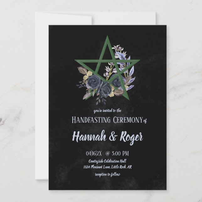 Black Wiccan Gothic Floral Pentacle Handfasting Invitation (Front)