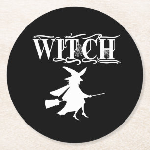 Black Wicked Flying Witch Halloween Round Paper Coaster
