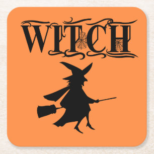 Black Wicked Flying Witch Halloween Square Paper Coaster