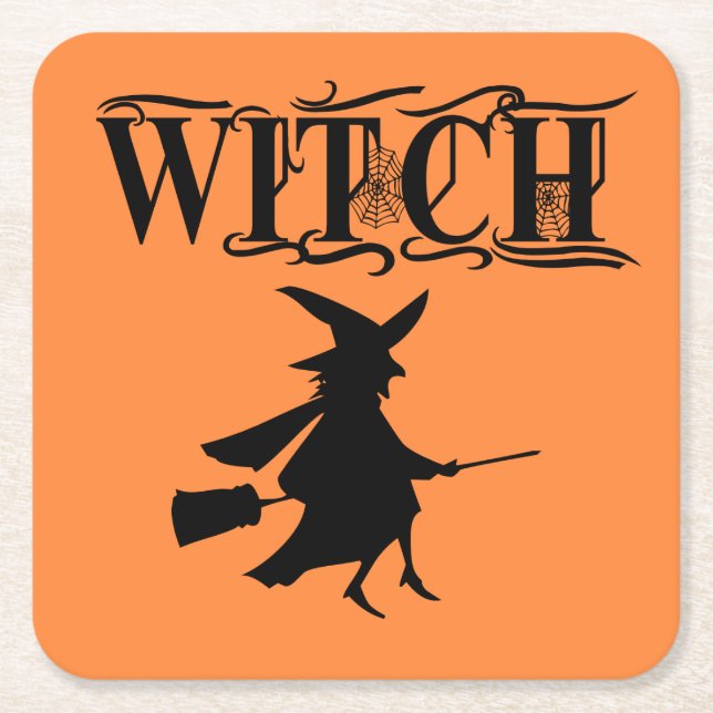 Black Wicked Flying Witch Halloween  Square Paper Coaster (Front)