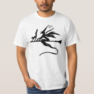 Black Wicked Witch and Cat flying on Broomstick T-Shirt