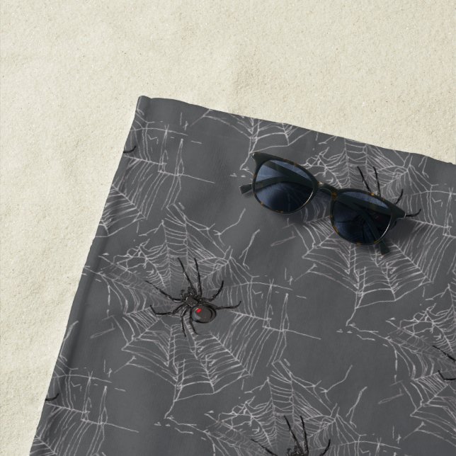 Black Widow Spider And Spiderweb Drawing Art Beach Towel (In Situ)
