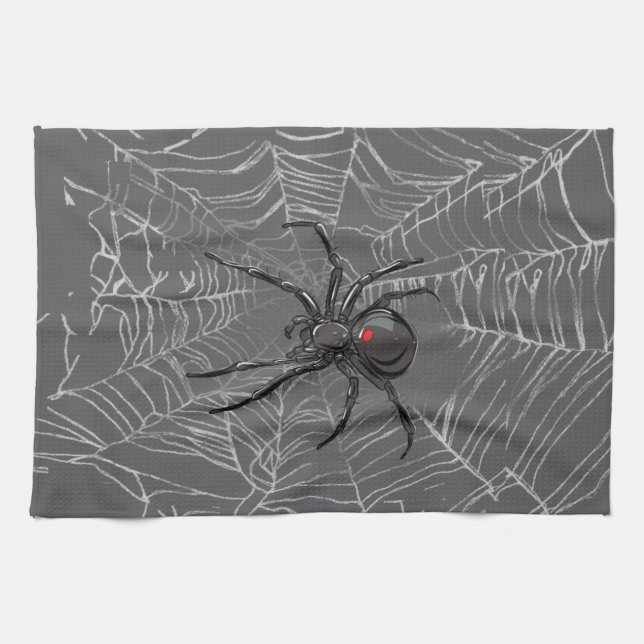 Black Widow Spider And Spiderweb Drawing Art Tea Towel (Horizontal)
