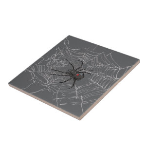 Black Widow Spider And Spiderweb Drawing Art Tile