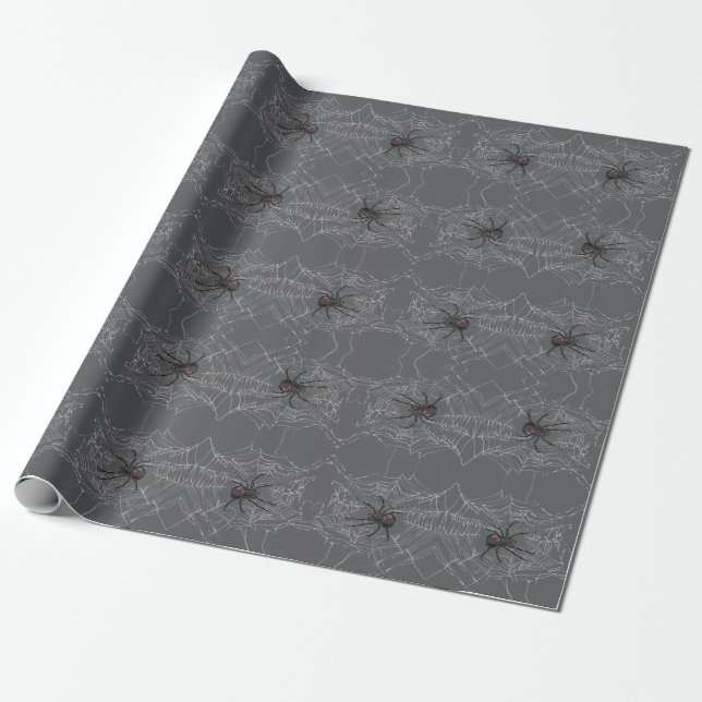 Black Widow Spider And Spiderweb Drawing Art Wrapping Paper (Unrolled)