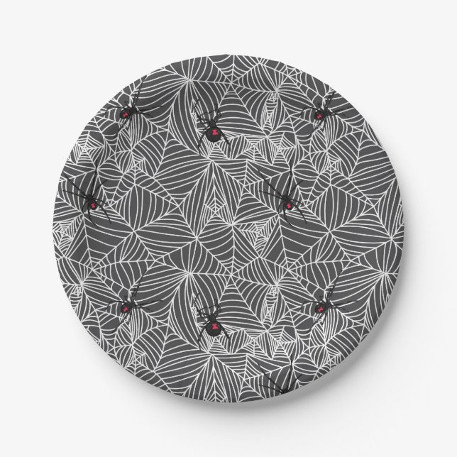 Black Widow Spider Web Grey Paper Plate (Front)