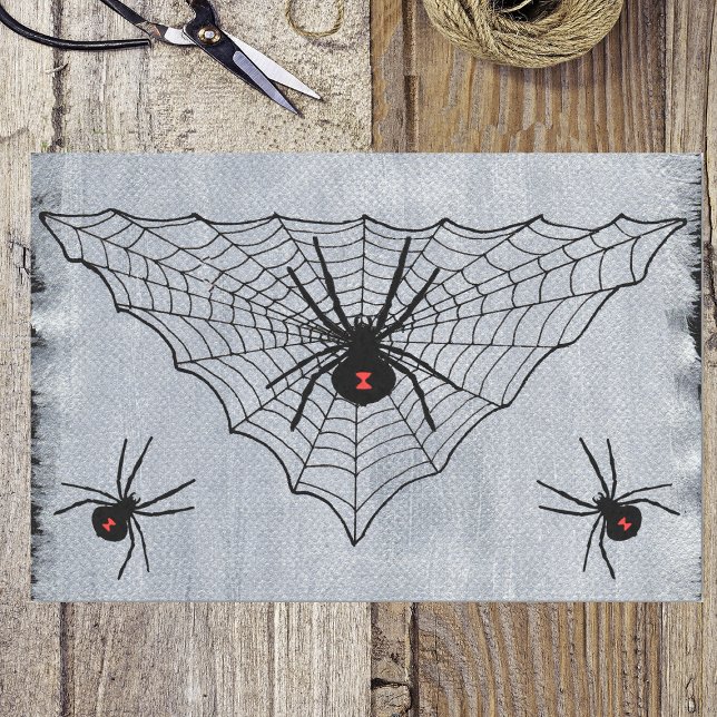 Black Widow Spider Web Halloween Gothic Tissue Paper (Spooky black web with black widow spiders on painted look white and black gift wrap tissue paper.)