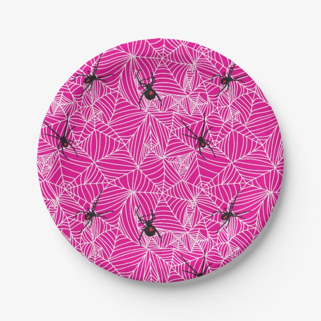 Black Widow Spider Web Pink  Paper Plate (Front)