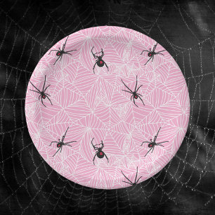 Black Widow Spider Web Pink Paper Plate