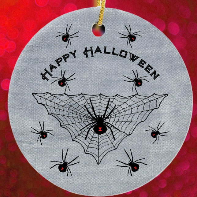 Black Widow Spiders Red Marks in Web White Ceramic Tree Decoration (Black widow spiders red marks in black triangular web on rustic white Halloween ceramic ornament.)