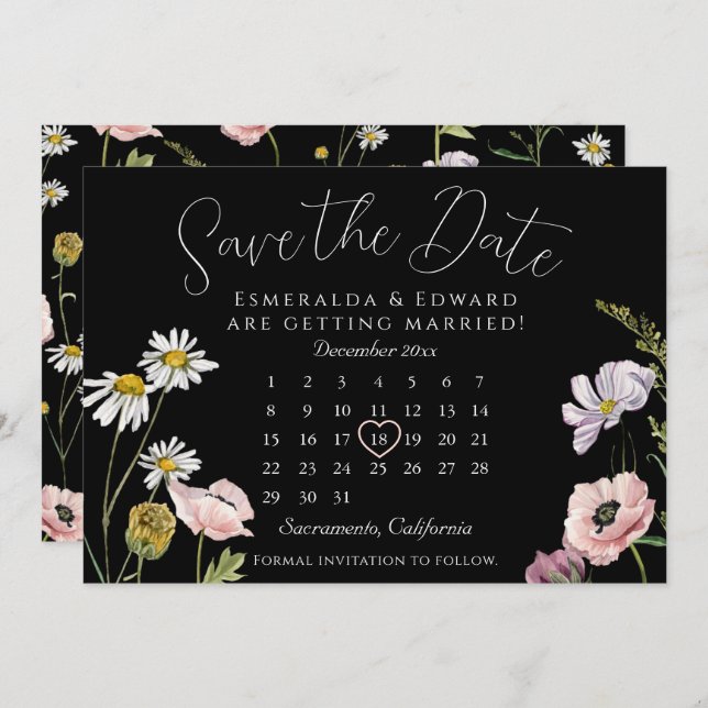 Black Wild Flower Wedding Calendar Save The Date  (Front/Back)