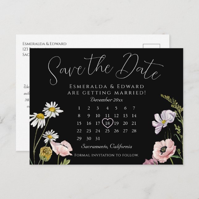 Black Wild Flower Wedding Calendar Save The Date Announcement Postcard (Front/Back)