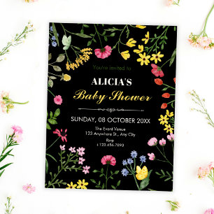 Black Wild flowers baby shower Invitation