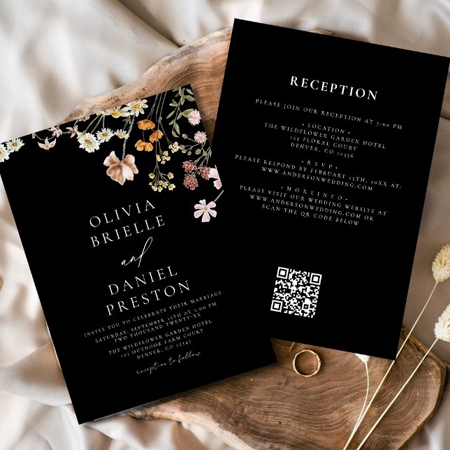 Black Wildflower All in One QR Code Wedding Invitation (Creator Uploaded)
