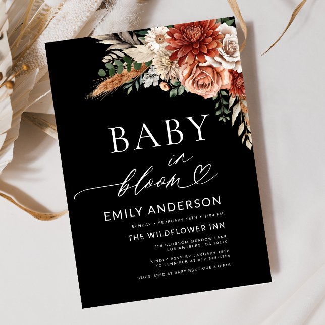 Black Wildflower Baby in Bloom Autumn Baby Shower Invitation (Creator Uploaded)