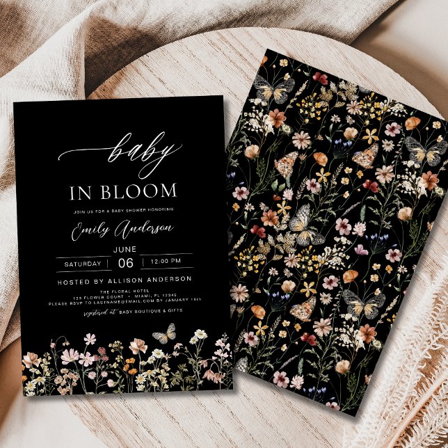 Black Wildflower Baby in Bloom Baby Shower Invitation (Creator Uploaded)
