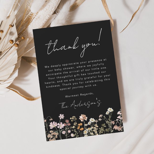 Black Wildflower Baby in Bloom Baby Shower Thank You Card (Creator Uploaded)