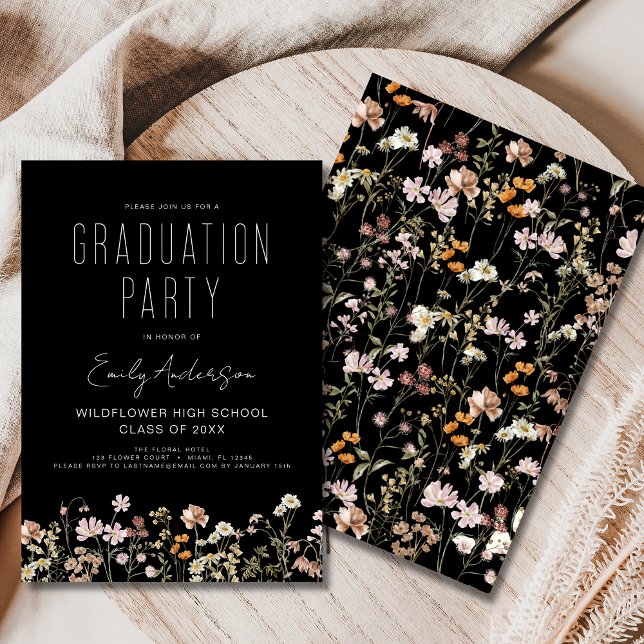 Black Wildflower Bloom Graduation Party Boho Invitation (Creator Uploaded)