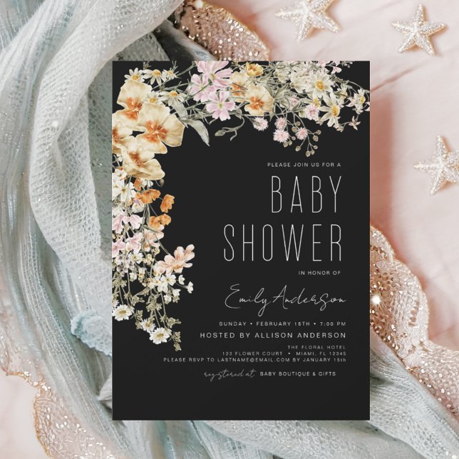 Black Wildflower Boho Baby Shower Terracotta Invitation (Creator Uploaded)